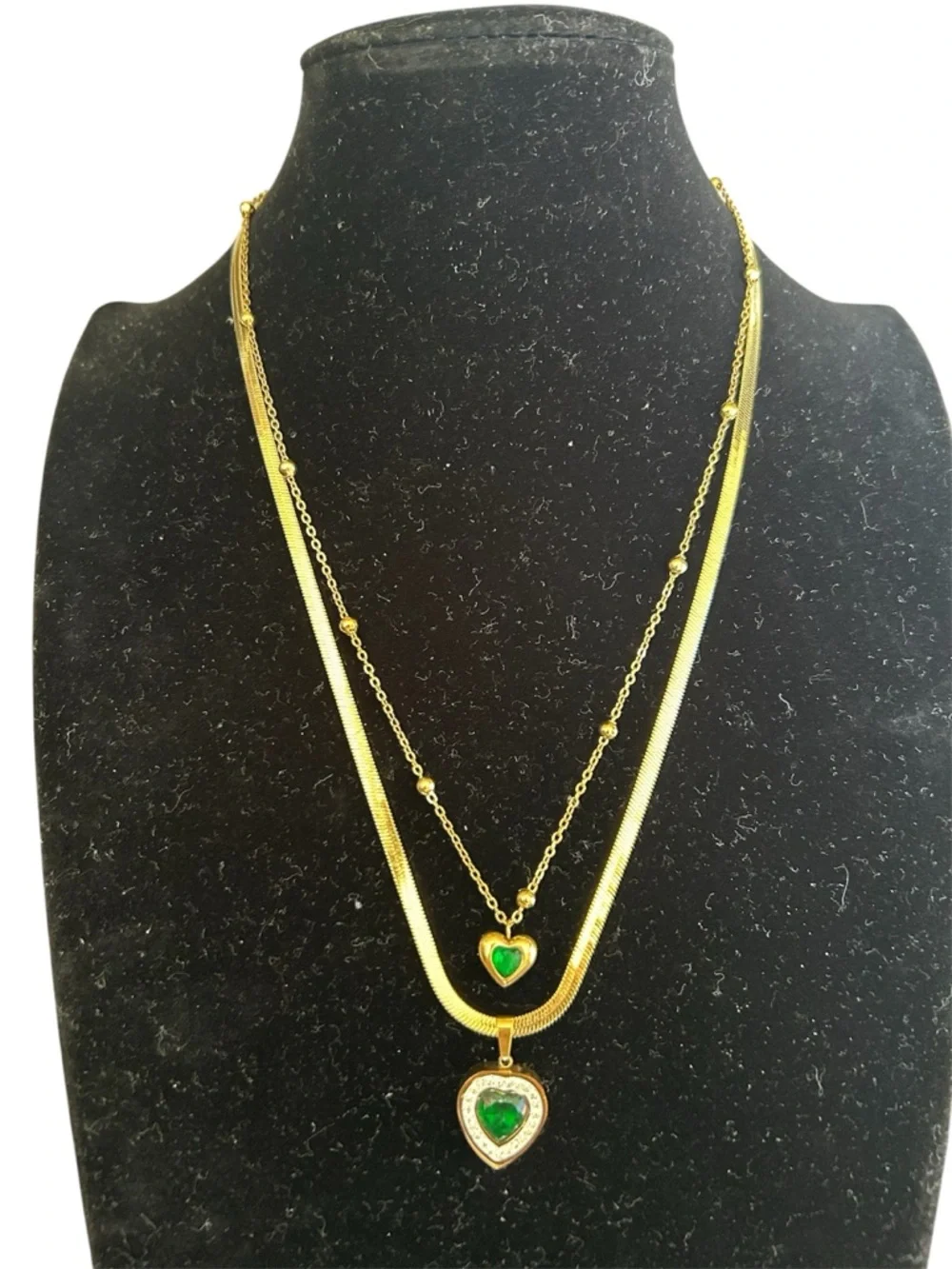 Emerald Green Layered Heart 18K Gold Plated Pendant Stainless Steel Necklace - Picture 4 of 5